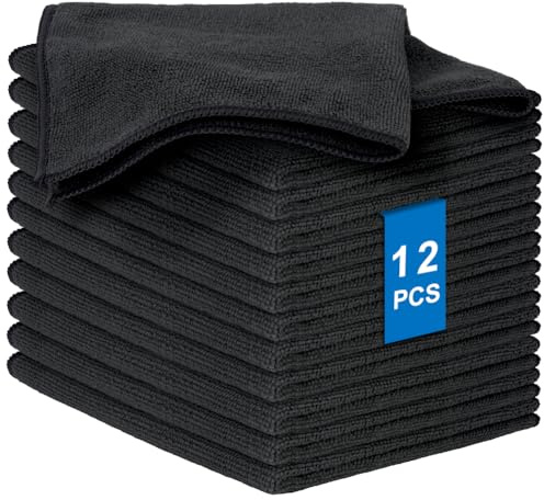 AYESY Paños de Limpieza de Microfibra, 12 Piezas Toallas de Limpieza Multiuso Paños de Cocina de Microfibra Reutilizables Trapos de sin Rayas Muy Absorbentes Tamaño 30 x 30 cm (Negro)