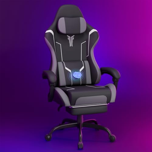 Soontrans Gaming Stuhl mit Massagefunktion KJ433 Gaming Chair mit Fußstütze & Kopfkissen Gaming Sessel Rückenlehne bis zu 135° Neigbar 150 kg Belastbarkeit (Schwarz-Grau)