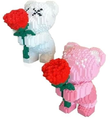 highdar Süßer Baustein Bär mit Rose, Klemmbausteine Mini Tiere Bausteine Set für Haus Dekoration, Mikro Bausteinmodell Ideas Geschenke für Jugendliche und Erwachsene (2 Set)