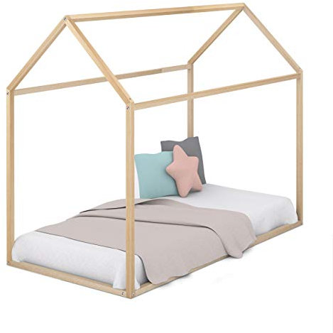 Cama Infantil Tipo Montessori, Casita Madera Natural para niño y niña, 90 x 190 cm