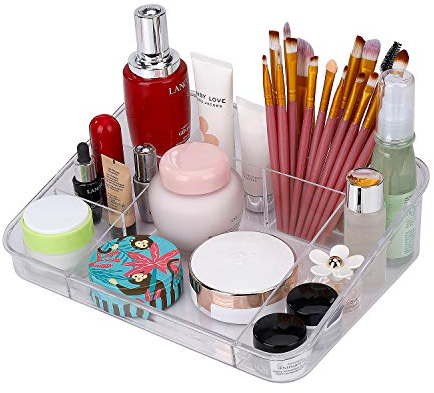 Organizador de Maquillaje, Caja acrílica Estante Cosméticos Joyería Bandeja Organizadora Clear con 8 compartimentos para encimera de vanidad Baño Cajones