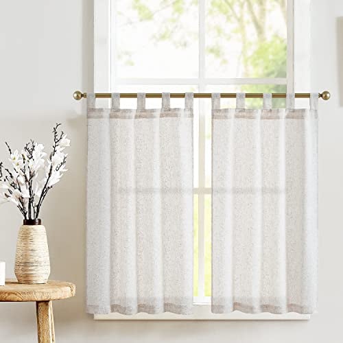 TOPICK 2er Set H 90 x B 65 (cm) Scheibengardinen Küche Beige Leinen Bistrogardine mit Schlaufen Küchengardinen für Balkontür Wohnwagen Landhausstil Bauernhaus Gardinen Kurz Halbtransparente