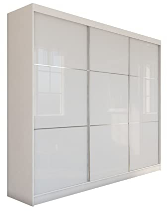 MEBLINI Kleiderschrank, 3 Türen - Schwebetürenschrank mit Kleiderstange - Schlafzimmerschrank mit Einlegeböden - Wardrobe Closet - Viviana - 240 cm - Weiß/Weiß Lacobel