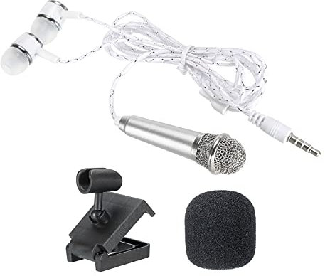 PATIKIL Mini Microphone Portable Vocal Microphone Silver for Voice Recording and Singing with Earphone, Mic Stand and Cover Pack of 1