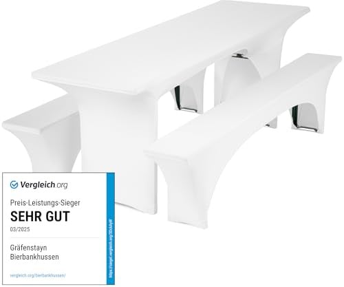 Gräfenstayn® 5er Set Leopold Stretch - Biertischhussen-Set 3 TLG für Bierzeltgarnitur - 50cm oder 70cm Tischbreite - mit Öko-Tex Siegel Standard 100 : Geprüftes Vertrauen (Weiß, 70x220cm)