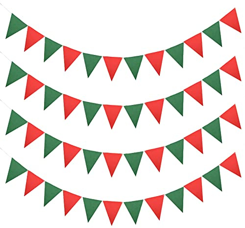 JIHUOO 4 Stück Stoff-Wimpelkette, dreieckige Banner, Flaggen, Weihnachten, Kamin, Banner, Halloween-Banner, Outdoor-Wimpelflaggen, Wimpelkette, Girlande, Rot und Grün