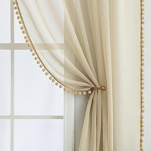MIULEE Gardinen mit Pompons-Hübsche Beige Transparent Gardinen für Kinderzimmer Mädchen, 2 Stücke Vorhang mit Pompons mit Stangendurchzug Durchsichtig Vorhang mit Bommeln, Jeder H 225 X B 140cm