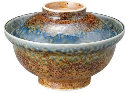 Japanese Mino Ware Ceramic Donburi with Lid, 6.14 Inches in Diameter H4.33 Inches 25.9 Fluid Ounces, Ramen Noodle Soup Rice Bowl, Ai Nagashi M55544