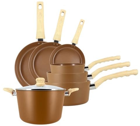 MENASTYL - Set de 7 pièces Colorama noisette - Poêles/Casseroles/Faitout - En aluminium - Revêtement antiadhésif en céramique - Tous feux dont induction