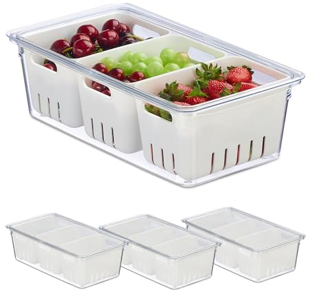 Relaxdays Kühlschrank, 4er Set, stapelbar, 3 Abtropfkörbe, Lebensmittel Organizer mit Deckel, transparent/weiß