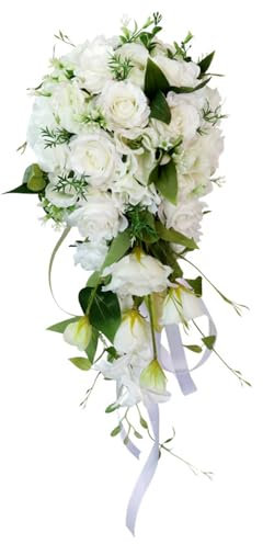 Muzrunq Wedding Bouquet Teardrop Bridal Bouquet Cascading Artificial Rose Bouquet for Bride Holding Wedding Centerpiece Decor White and Green 9.1x21.7 Inch