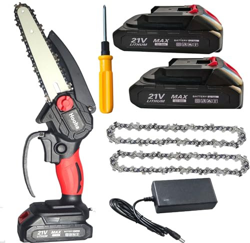 Hooha Mini Kettensäge, 6 Zoll Mini Kettensäge Elektro mit 2 Akku 1500mAh, Ladegerät und 1 Ersatzkette, Handkettensäge Akku mit Sicherheitsschloss für Gartenscheren Astschere Holzschneidenz