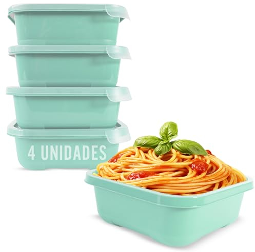 Mypicompany. Tapers para Comida Hermetico, 4 Piezas de 900 ml. Envases para Alimentos Aptos para Microondas y Lavavajillas. Taper Plastico Color Verde.