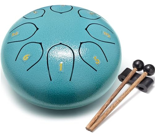 Tongue Drum 8 Noten 6Zoll,Zungentrommel Scheibentrommel,Steel Pan Töne Schlaginstrument Hand mit Zubehörbox,Tasche,Fingerpick,Musikbuch und Schlägel für Meditation Yoga Klangheilung