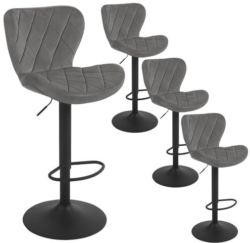 WOLTU Lot de 4 Tabouret de Bar, Tabouret de Cuisine à Hauteur Réglable, Chaise de Bar Pivotante avec Repose-Pieds et Dossier, Tabouret à Siège Rembourré en Velours, Gris foncé, BH419dgr-4