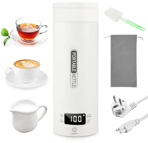 MINI Elektrische Reise Wasserkocher für Unterwegs,450ML Edelstahl Reise Wasserkocher Tragbarer,220V/300W Portable Kettle Mobile, mit Automatischer Abschaltung/Temperatureinstellung, für Tee, Kaffee
