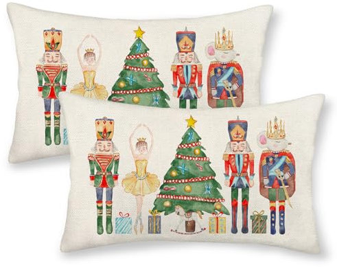 JEFERSO Set di 2 federe natalizie 30,5 x 50 cm, decorazioni natalizie, schiaccianoci, decorazioni natalizie invernali per vacanze, cuscini in lino per esterni, per divano, casa e divano