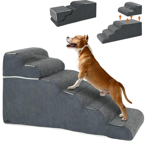 Breiter Haustiertreppe 6 Stufen 65cm Hoch Abnehmbar Hundetreppe katzentreppe Hochdichtem Schaumstoff hundetreppe für kleine Hunde mit waschbarem Bezug und Rutschfester Boden (114x45x65cm)