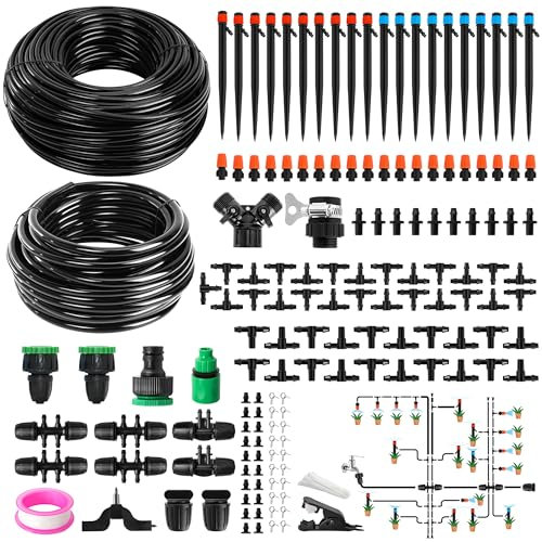 240FT DIY Automatic Drip Irrigation System Kits for Garden Plant Watering Misting System for Greenhouse Patio Lawn with Adjustable Drip Emitters 5/16 and 1/4 Irrigation Tubing Connectors Fittings