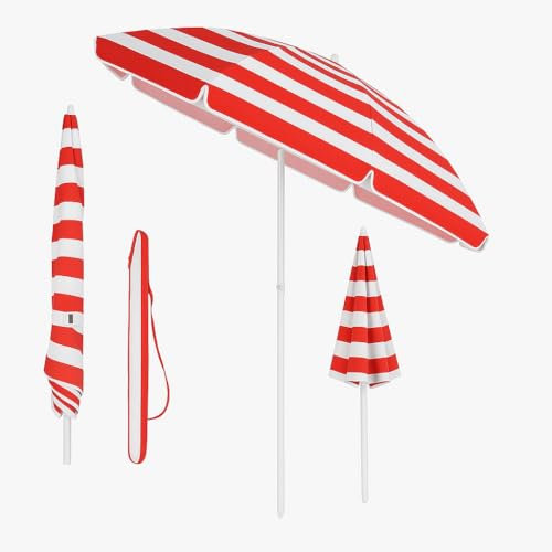 EPISENT Beach Umbrella – 1.9m Travel Sun Parasol with Carry Bag | Adjustable Tilt Shade for Garden, Picnic, Beach & Outdoor Use (RED & WHITE)