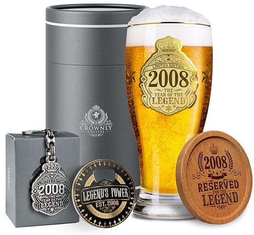 CROWNLY CRYSTAL 18th Birthday Gifts for Men Pint Glass 2008 570 ml Personalised Gifts for Men – Son Brother Friend Birthday Gift Box with Coaster, Keyring & Bottle Opener