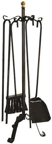 Set 4 Attrezzi da Camino in Ferro Battuto Nero con Treppiede, Supporto Alto 55 cm, Include Paletta, Spazzola e Accessori per Manutenzione Focolare
