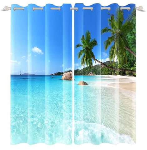 HNYDM Fenstergardinen mit Strandmotiv, sonnigem Strand, Meereswellen und Kokospalmen-Optik, Verdunkelungsvorhänge für Schlafzimmer und Wohnzimmer (BxH/2x100x140cm)