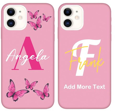 AESTHESTIFY Custodia con nome personalizzato per iPhone 12 - Personalizza la cover del telefono rosa con nome iniziale Monogramma, farfalla opzionale | Custodia protettiva morbida in silicone sottile