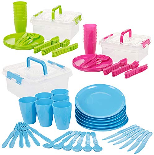 30 Piece Plastic Picnic Camping Party Dinner Plate Mug Cutlery Set Storage Box