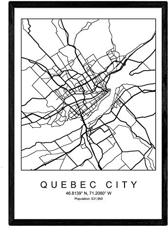 Nacnic Lame de la carte la ville de Québec style scandinave en noir et blanc. affiche de format A3 papier imprimé No 250 gr. Peintures, estampes et affiches pour le salon et chambre à coucher