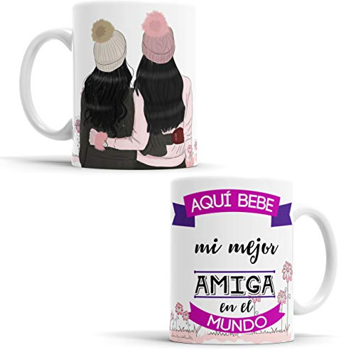 OyC Original y Creativo Taza Amiga - Taza Aquí Bebe la Mejor Amiga del Mundo/Taza aqui Bebe una Super Amiga/Taza con Frase y Dibujo (Mejor Amiga 10)