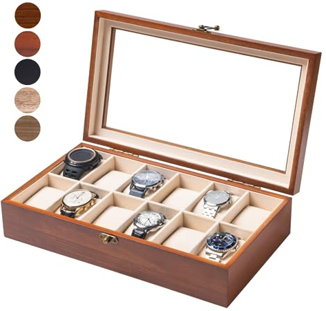Exper City Uhrenbox, Uhrenetui für Männer und Frauen mit großem Glasdeckel, Holz-Uhrenbox mit 12 Fächern, klassischer Walnussholz-Herren-Uhrenbox