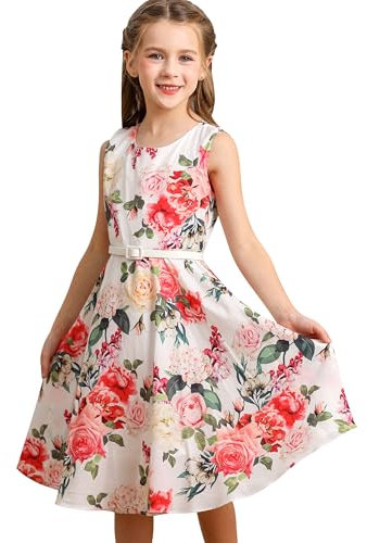 BONNY BILLY Robe Fille Fleurs Rétro Vintage Cérémonie Mariage Princesse Été sans Manches avec Ceinture 11-12 Ans Floral-1