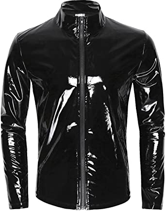GITDOT Herren Sexy Jacke PVC Spiegel glänzende Lacklederjacke mit Langen Ärmeln Bar Night Club Clubwear (7XL,Schwarz)