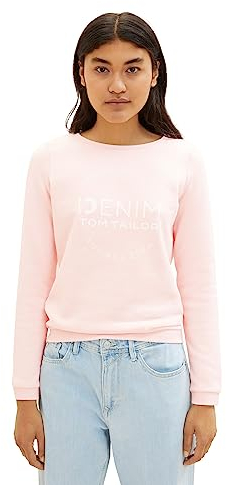 TOM TAILOR Denim Damen 1039817 Sweater mit Logo-Print & Raffarm, 14557-Light English Rose, L