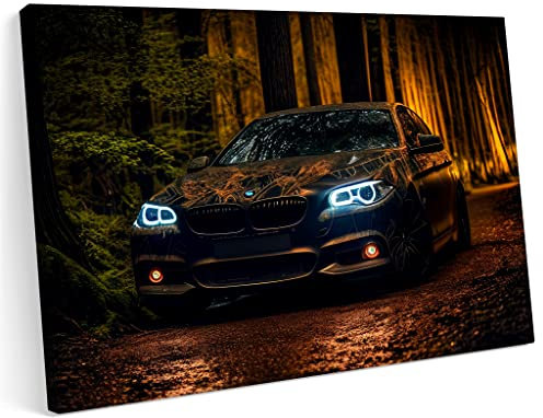 Printonia Bilder Leinwandbild 120x80cm BMW 5er F10 Sportwagen im Wald Neon Tuning Night