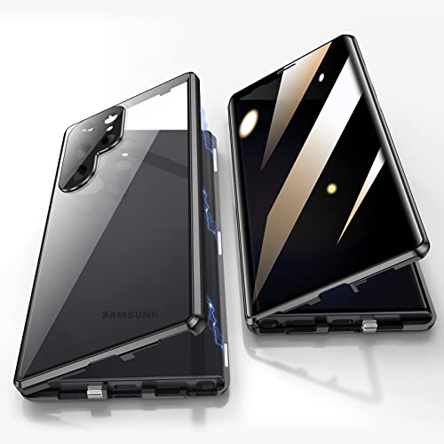 Jonwelsy Anti Peeping Hülle für Samsung Galaxy S23 Ultra, 360 Grad Schutz Case, Privatsphäre Gehärtetes Glas Anti-Spähen Cover, Stark Magnetische Adsorption Metallrahmen Handyhülle (Schwarz)