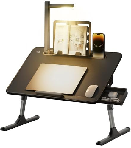Laptop Table with LED Desk Light, SAIJI Laptop Stand for Bed, Height Adjustments Bed Desk with Book Stand for Reading Writing Drawing (Black)