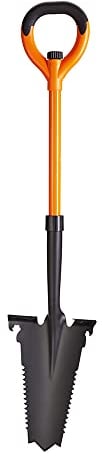 PROFI-PARTNER Bêche avec scie à racines - Pointe en acier au carbone avec dents tranchantes - Manche en fibre de verre - Clé plate et décapsuleur intégrée - 114 cm - Démontable - Orange et noir