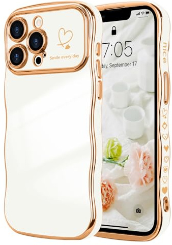 LCHULLE for iPhone 12 Pro Max Case Cute for Women Girls Wavy, White | Luxury Plating Curly Wave Shape Frame with Love Heart Pattern, Raised Camera Protection Back Cover Shockproof Phone Case