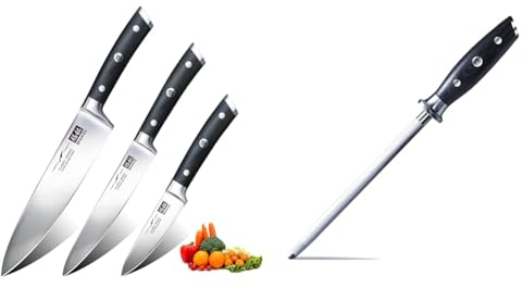 SHAN ZU Küchenmesserset 3 tlg, Messerset Profi Küchenmesser & Wetzstahl Messerschärfer Messer Stahl 20CM für Edelstahl Messer
