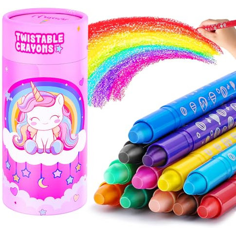JYPS Wachsmalstifte ab 1-3 jahr Kleinkinder, 12 Farbige Einhorn Drehbare Abwaschbare Malstifte mit Stiftehalter, Sichere Malkunst für Baby, Einschulung Buntstifte Kinder für 3-7 Mädche