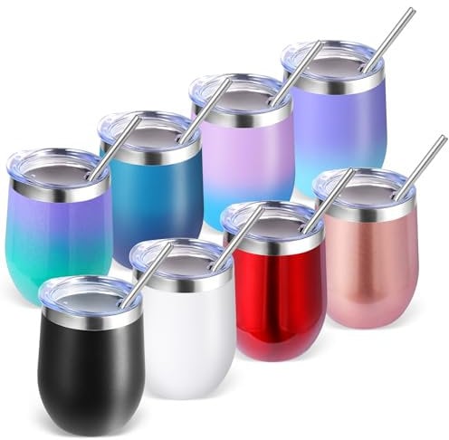 Volhoply 12oz Stainless Steel Wine Tumbler with Lid Bulk 8 Pack,350ml Double Wall Vacuum Stemless Wine Glasses,Metal Travel Coffee Mug with Straw,Insulated Cup Gifts for Christmas(Assorted,8 Set)