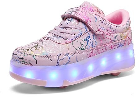HUSKSWARE Rollschuhe,4 Rollen Skateboardschuhe,verstellbare multifunktionale Sportschuhe,USB-Lademodus, für Jungen und Mädchen, Rosa 29 EU.