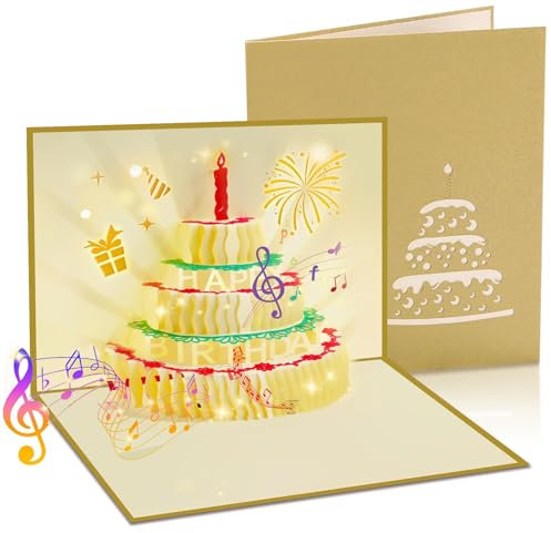 EHIOG 3D-Pop-Up-Geburtstagskarten, Geburtstagskarte mit Musik & Licht, Postkarten, Grußkarten, für Schwester, Bruder, Mutter, Vater, Ehemann, Ehefrau, Weihnachten, Umschlägen– Gold