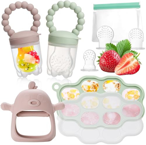 COZCLAM 2 Stück Fruchtsauger Baby, Silikon Fruchtsauger | BPA frei Silikon | Inkl. Beißspielzeug, Aufbewahrung von Babynahrung aus Silikon, 3 Silikon Sauger größen für Babys 3-24 Monaten (Grün & Rosa)