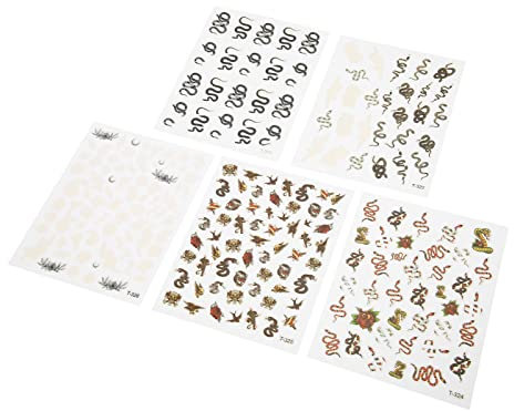 Naroote Snake Stickers, 5pcs Nail Art Stickers, Black, Plastic, Exotic Style, Animal Print Pattern, Rectangular Shape, Indoor Use, Self-Adhesive Nail Decals