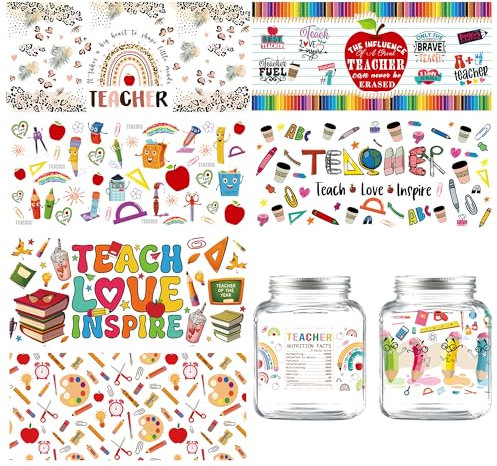 Teacher UV DTF Cup Wrap - 8 Sheets Best Teacher Ever UV DTF Transfers Stickers for 16 OZ Glass Classroom Style Book Blackboard Globe Ruler Design Back to School Craft