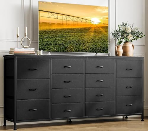 Garvee Commode, 160cm Commode de Chambre à Coucher 14 Tiroirs en Tissu, Meuble TV, Téléviseur, Meuble de Rangement pour Chambre d'enfants,Chambre à Coucher, Armoire, Salon, Couloir (Brun) (Noir)