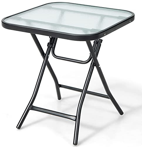 FANTASK Klapptisch quadratisch, wetterfester Beistelltisch, Gartentisch mit Tischplatte aus gehärtetem Glas, für Balkon, Garten, Terrasse, 46,5 x 46,5 x 42 cm